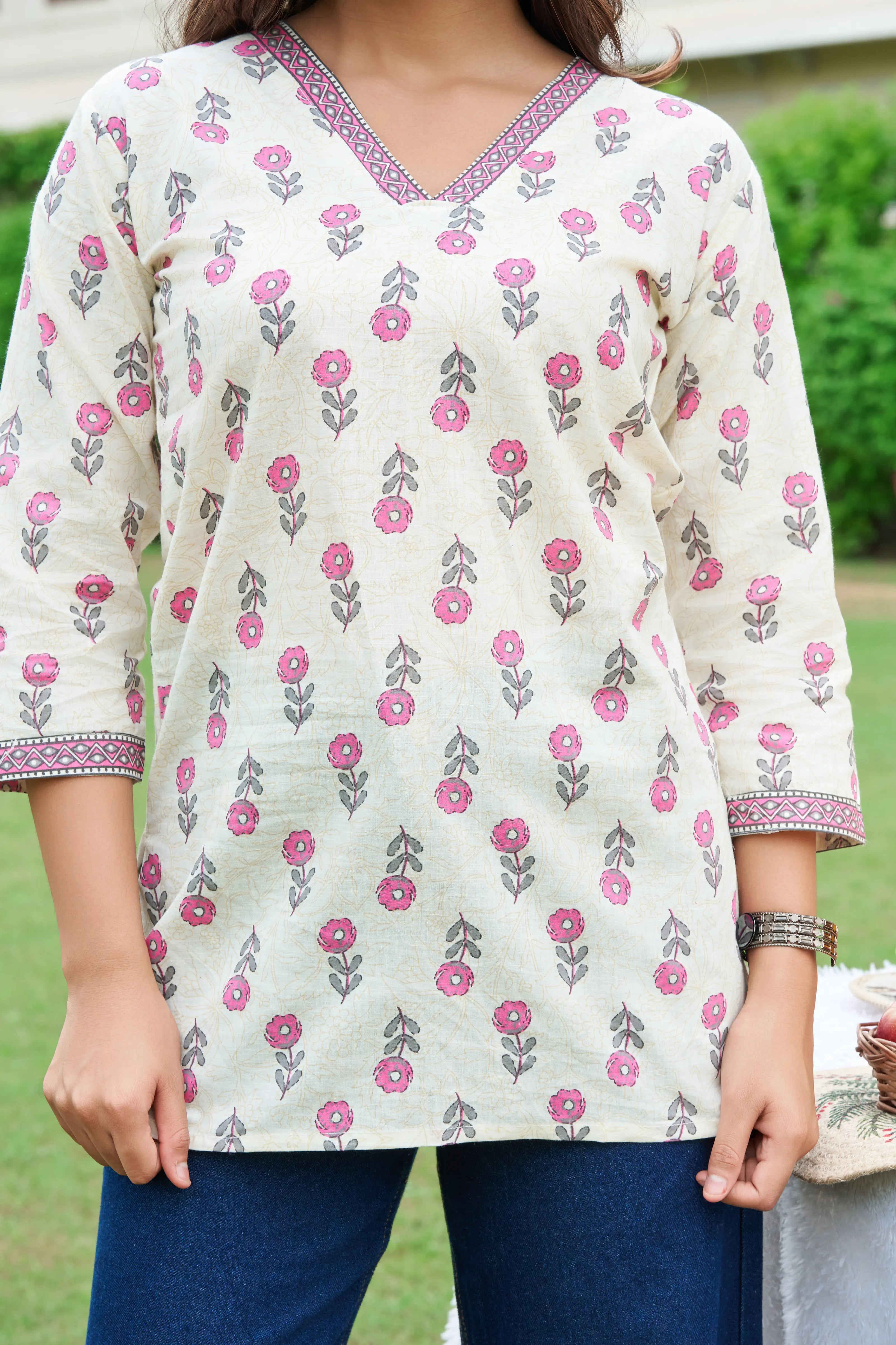 Pink Floral Cotton Cambric Short Kurti