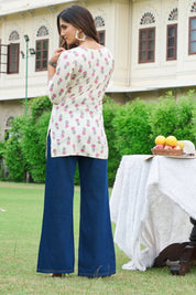 Pink Floral Cotton Cambric Short Kurti