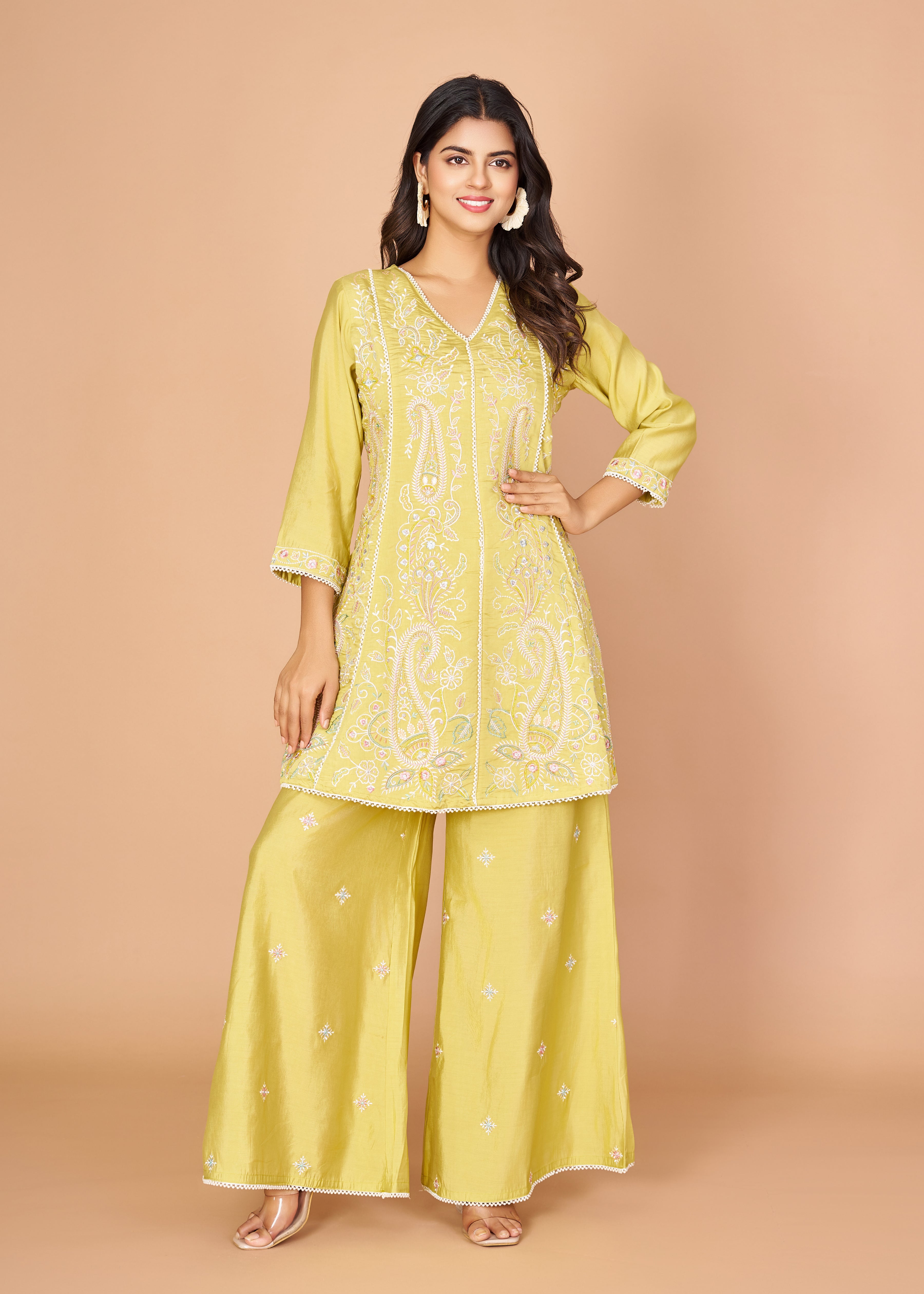 Lime Paisley Embroidered A-Line Kurta Set in Chinon