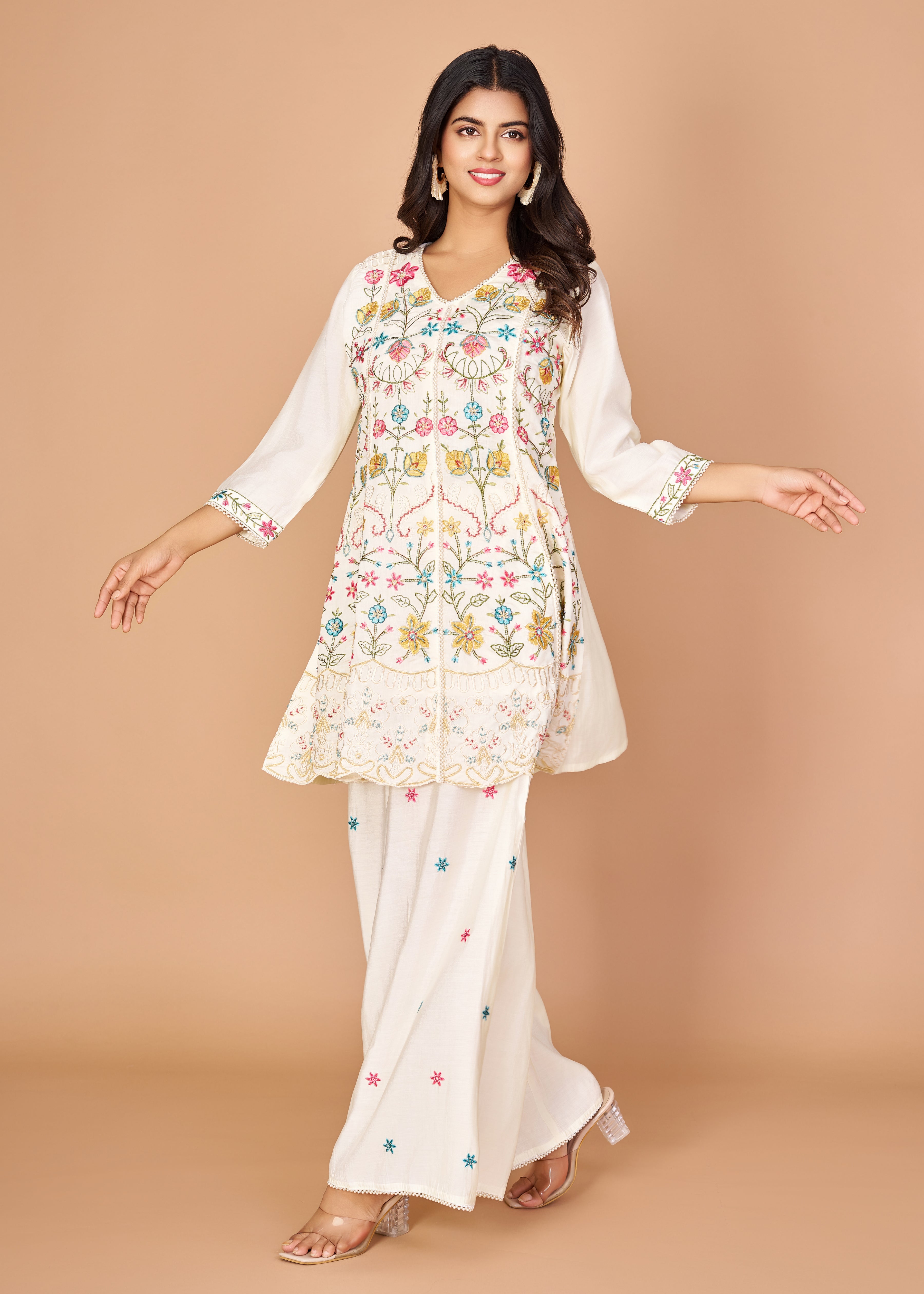 Off-White Floral Embroidered A-Line Kurta Set in Chinon