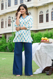 Blue Floral V-Neck Cotton Short Kurti