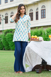 Blue Floral V-Neck Cotton Short Kurti
