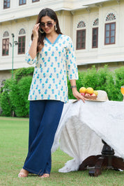 Blue Floral V-Neck Cotton Short Kurti