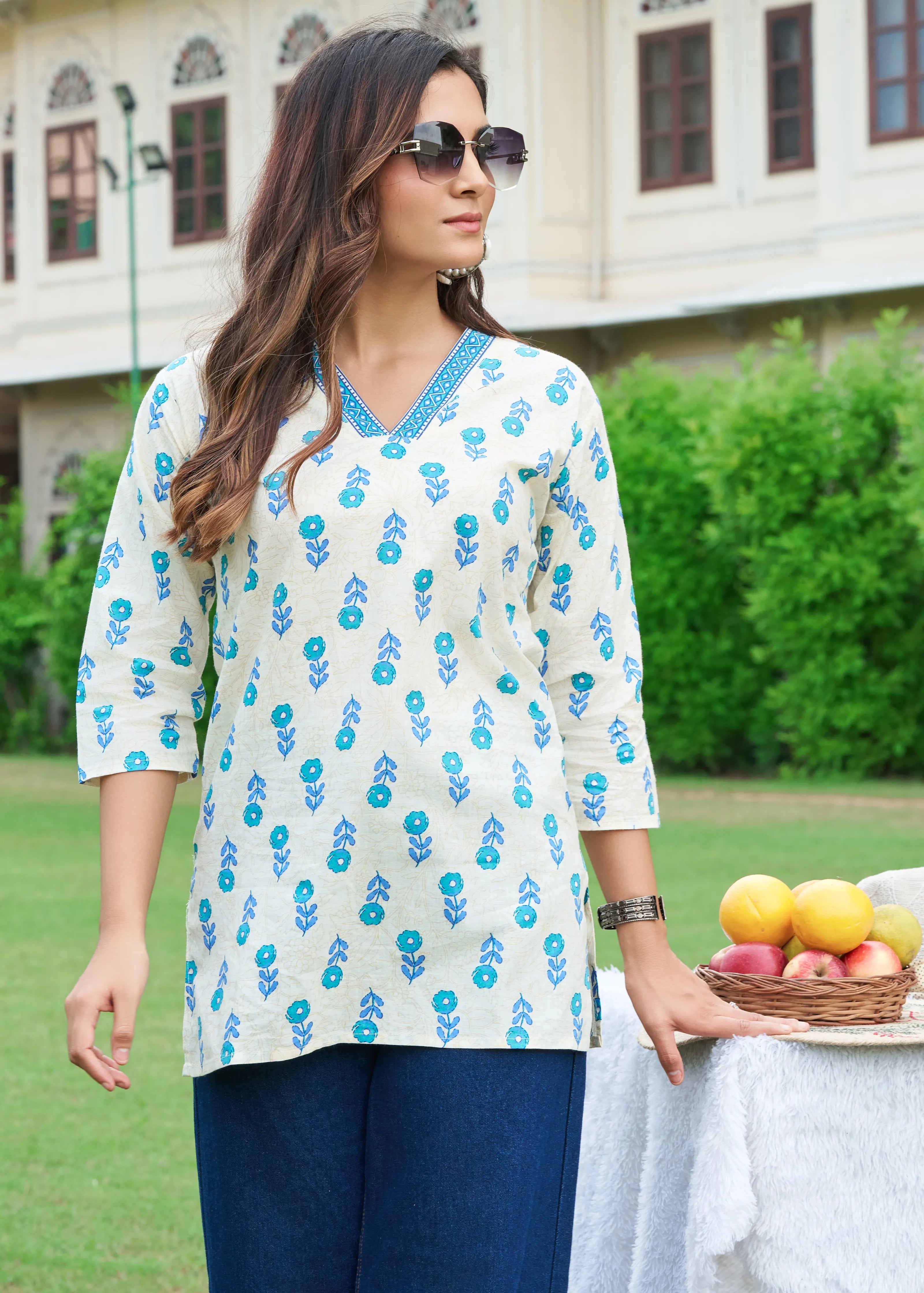 Blue Floral V-Neck Cotton Short Kurti