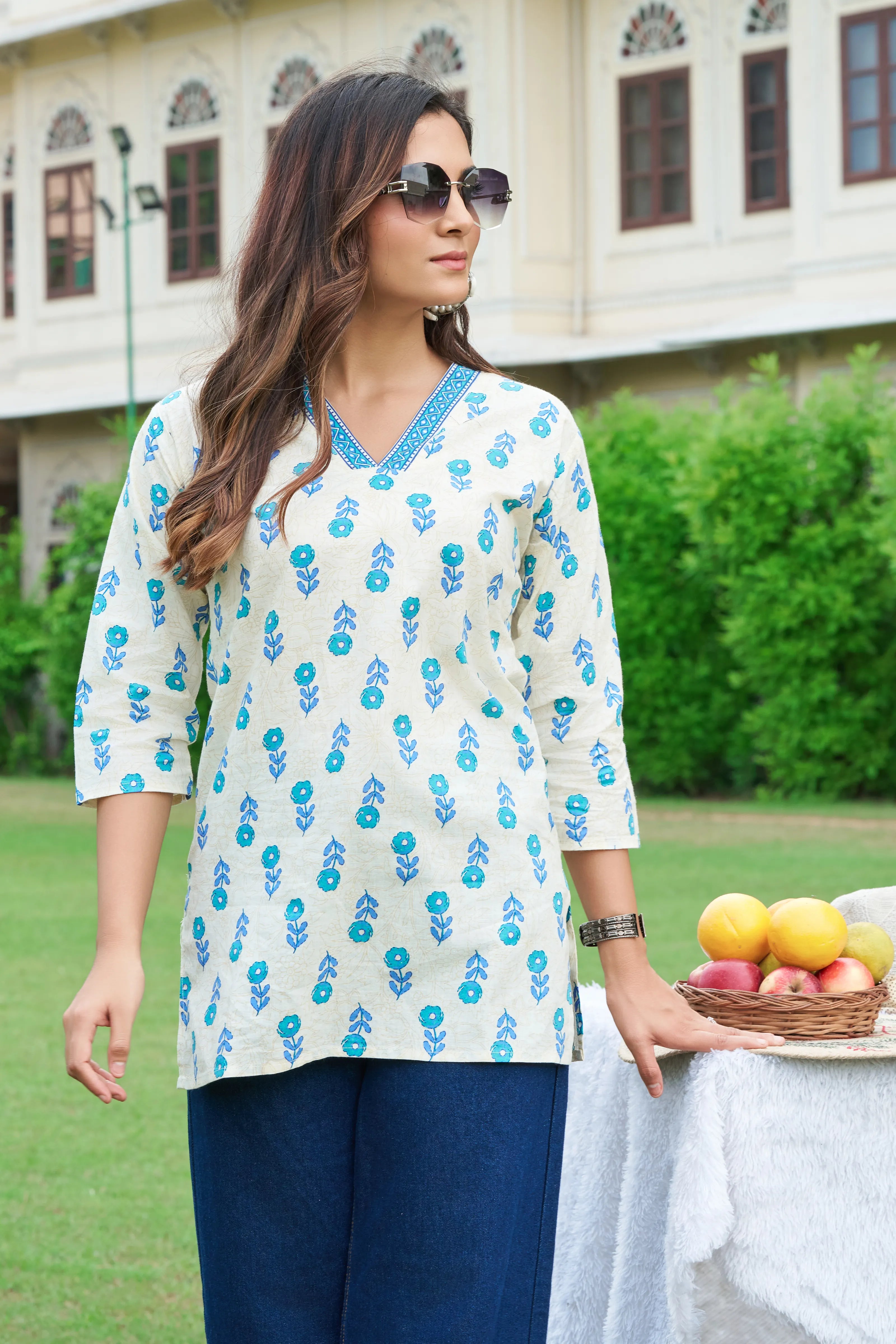 Blue Floral V-Neck Cotton Short Kurti