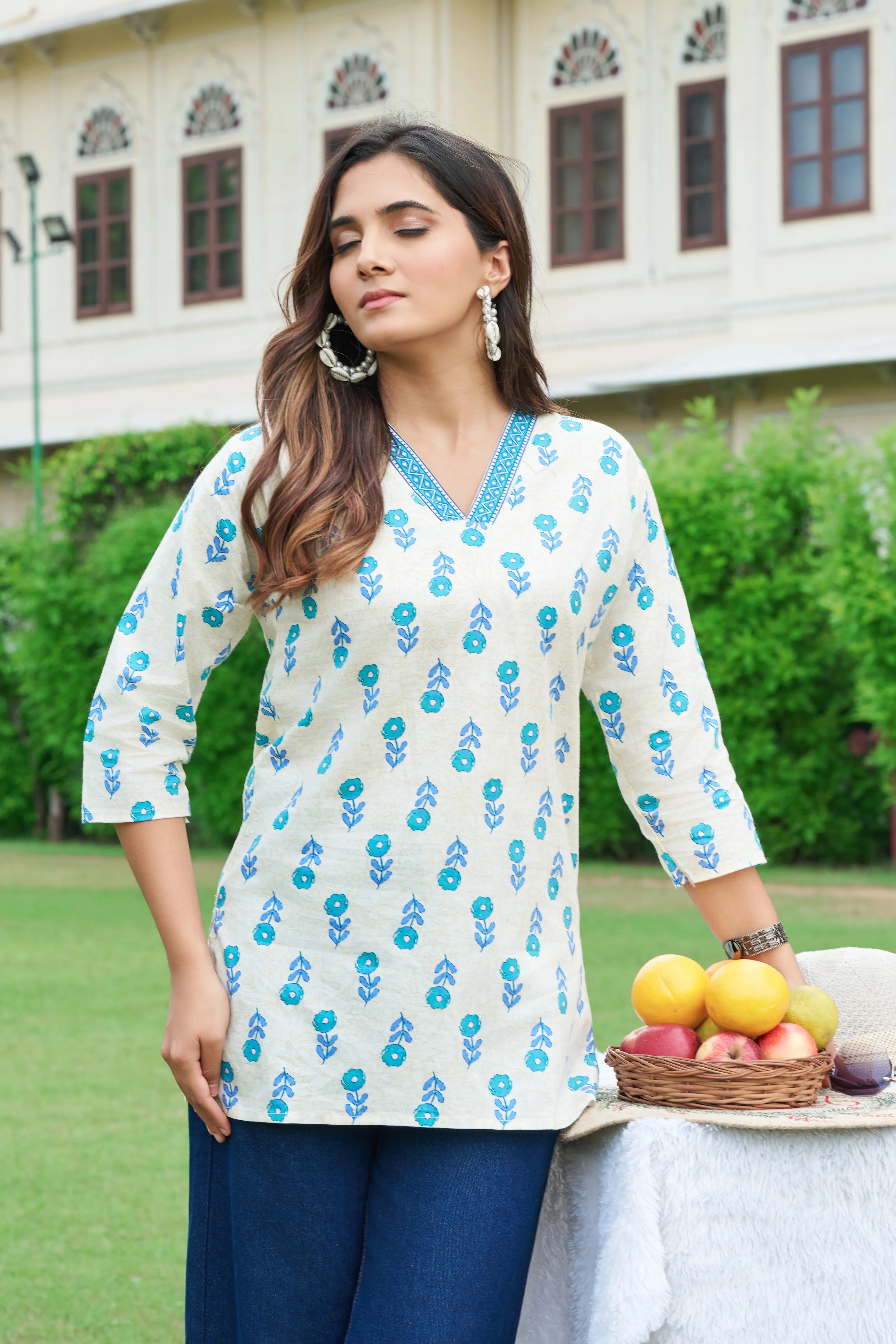 Blue Floral V-Neck Cotton Short Kurti