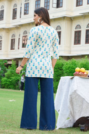 Blue Floral V-Neck Cotton Short Kurti