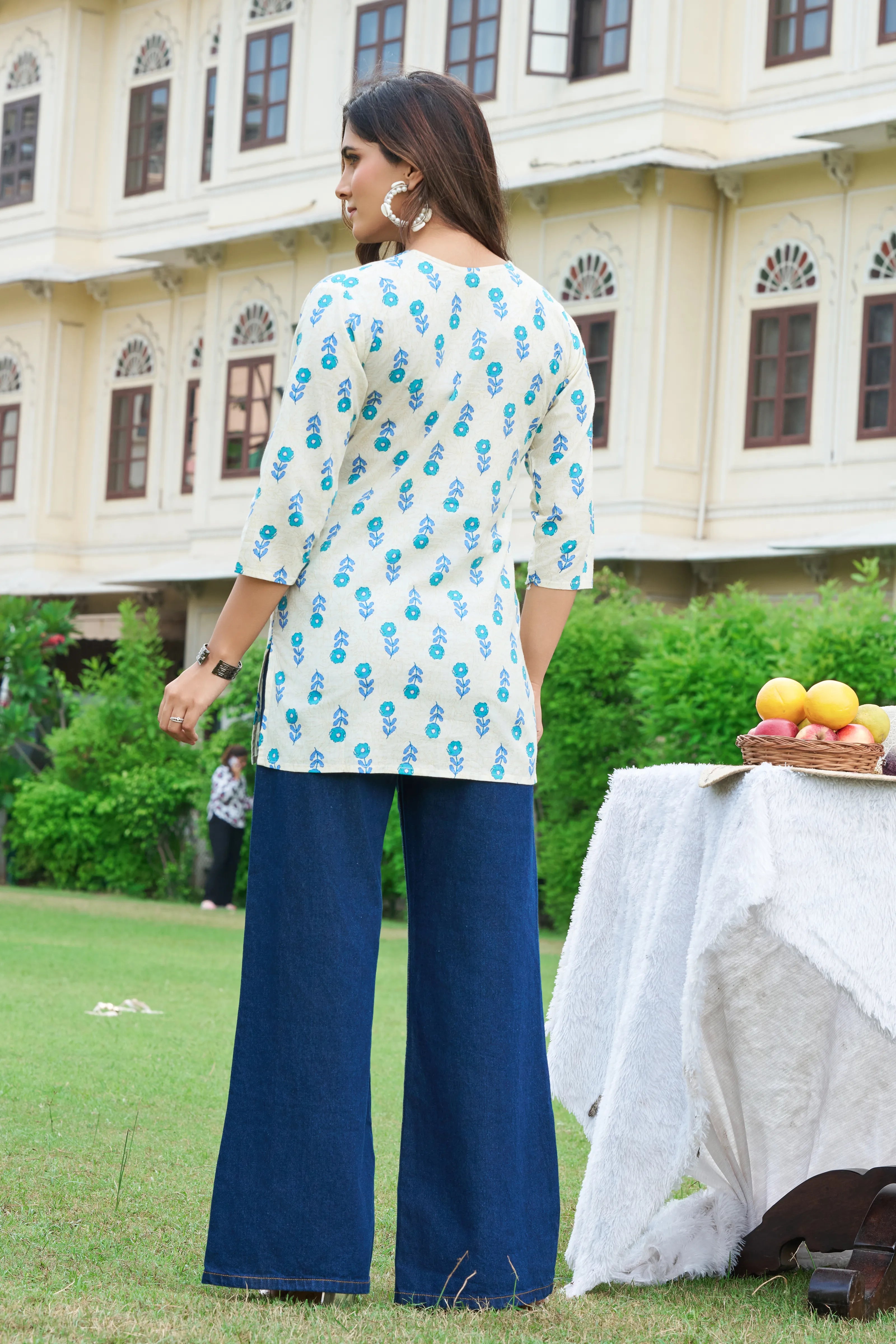 Blue Floral V-Neck Cotton Short Kurti