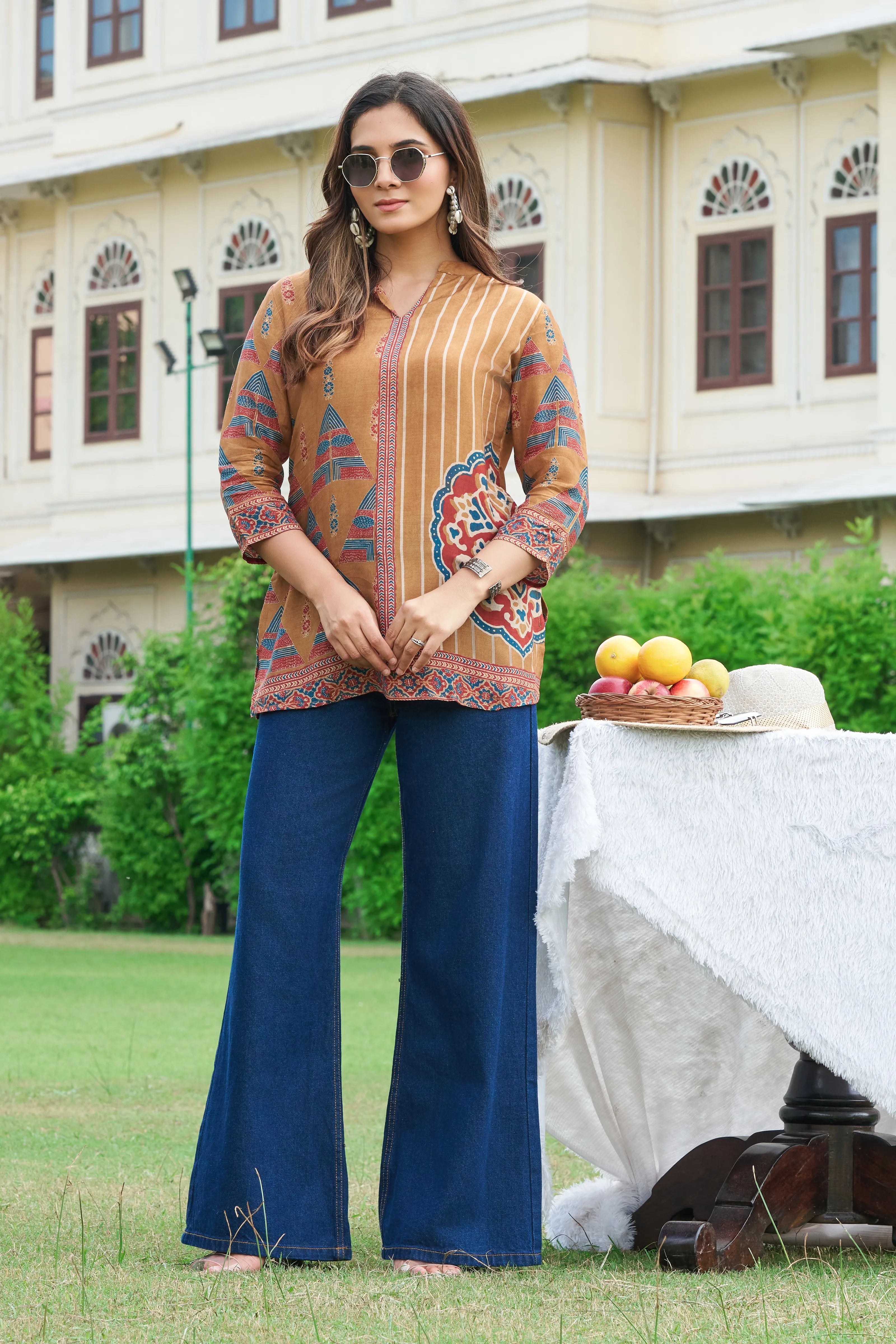 Dijon Yellow Muslin Printed Short Kurta