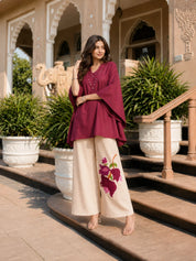 Magenta Pink Embellished V-Neck Co-Ord Set in Cotton Flex