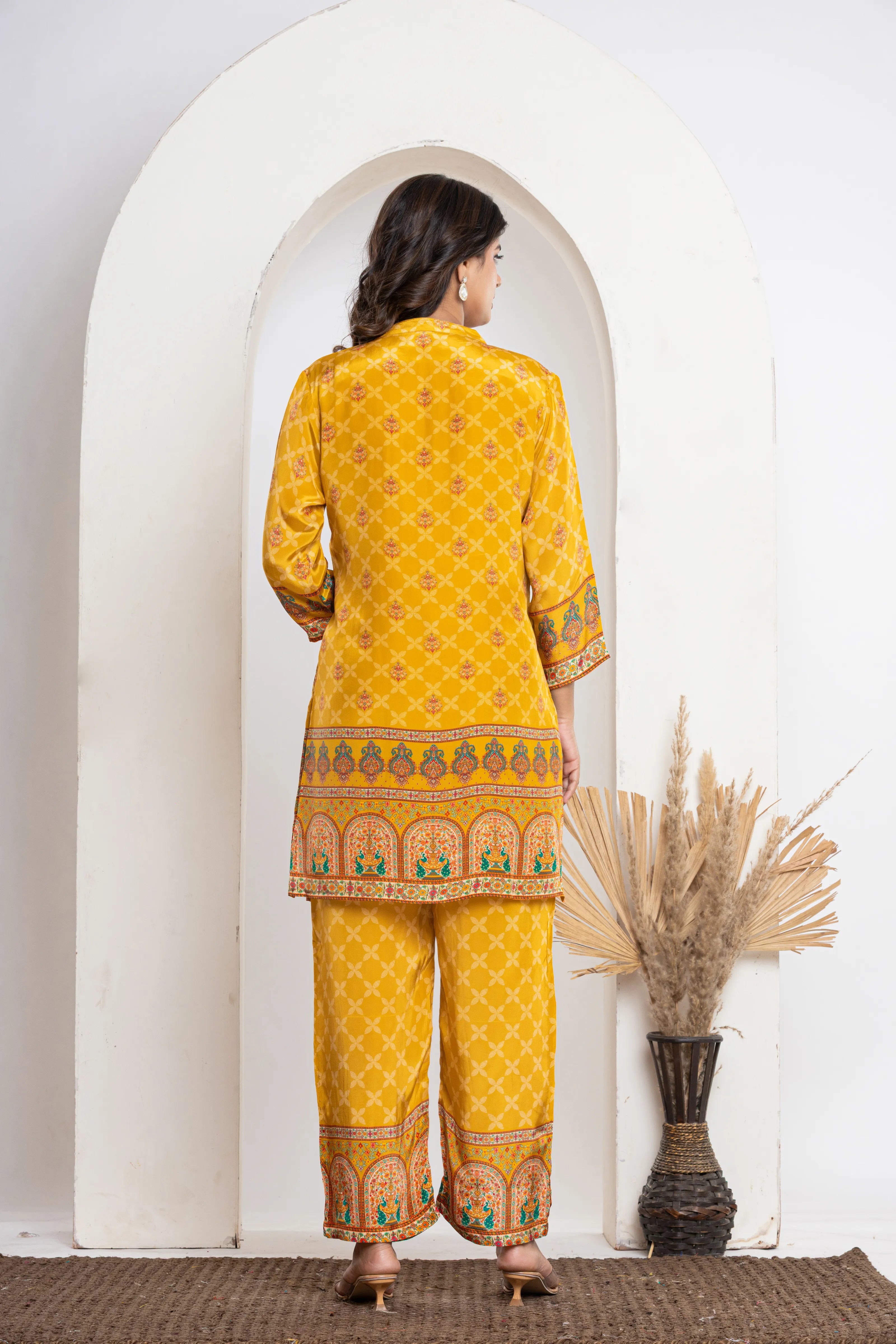 Mustard Dome & Peacock Print Crepe Kurti Set