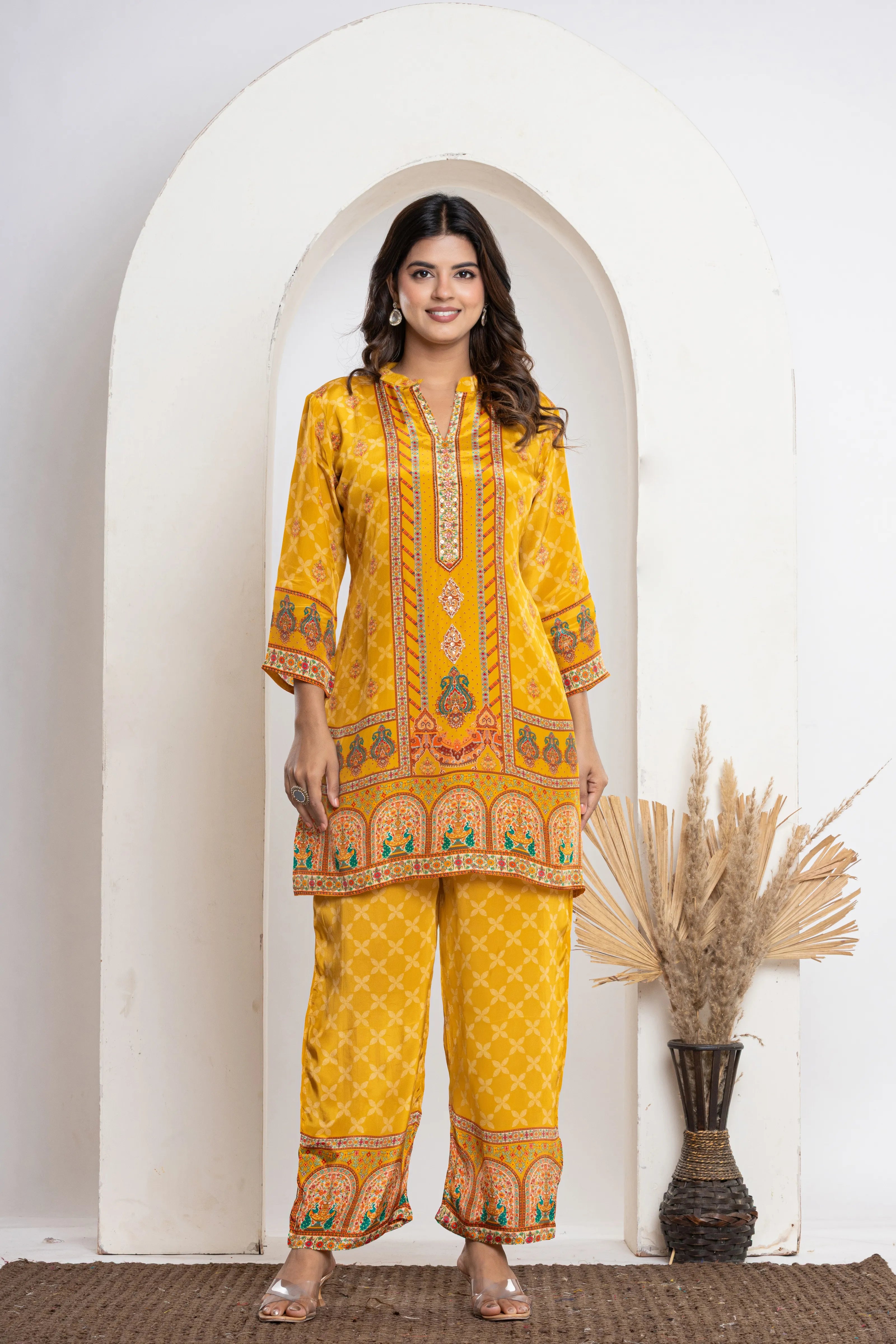 Mustard Dome & Peacock Print Crepe Kurti Set