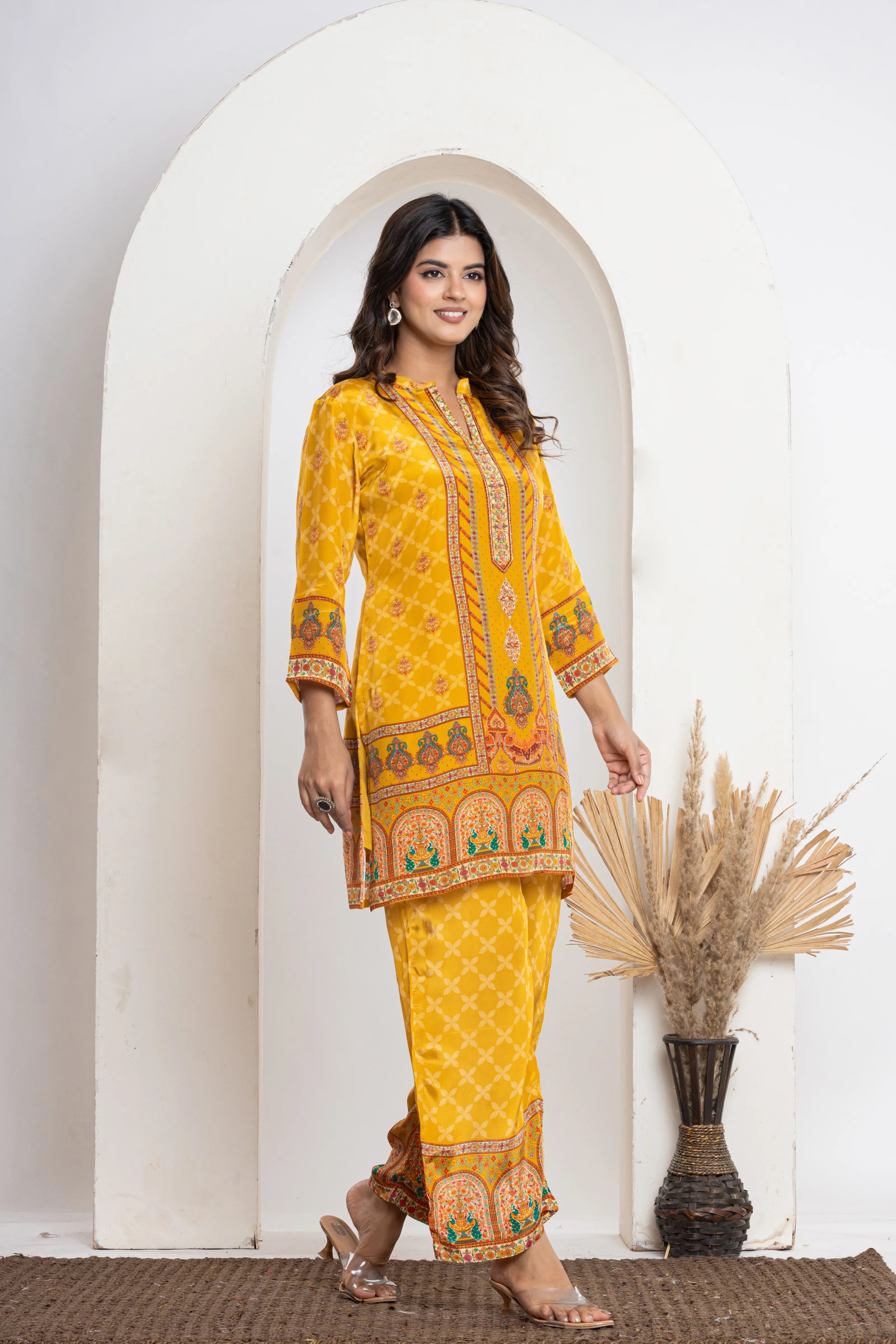 Mustard Dome & Peacock Print Crepe Kurti Set