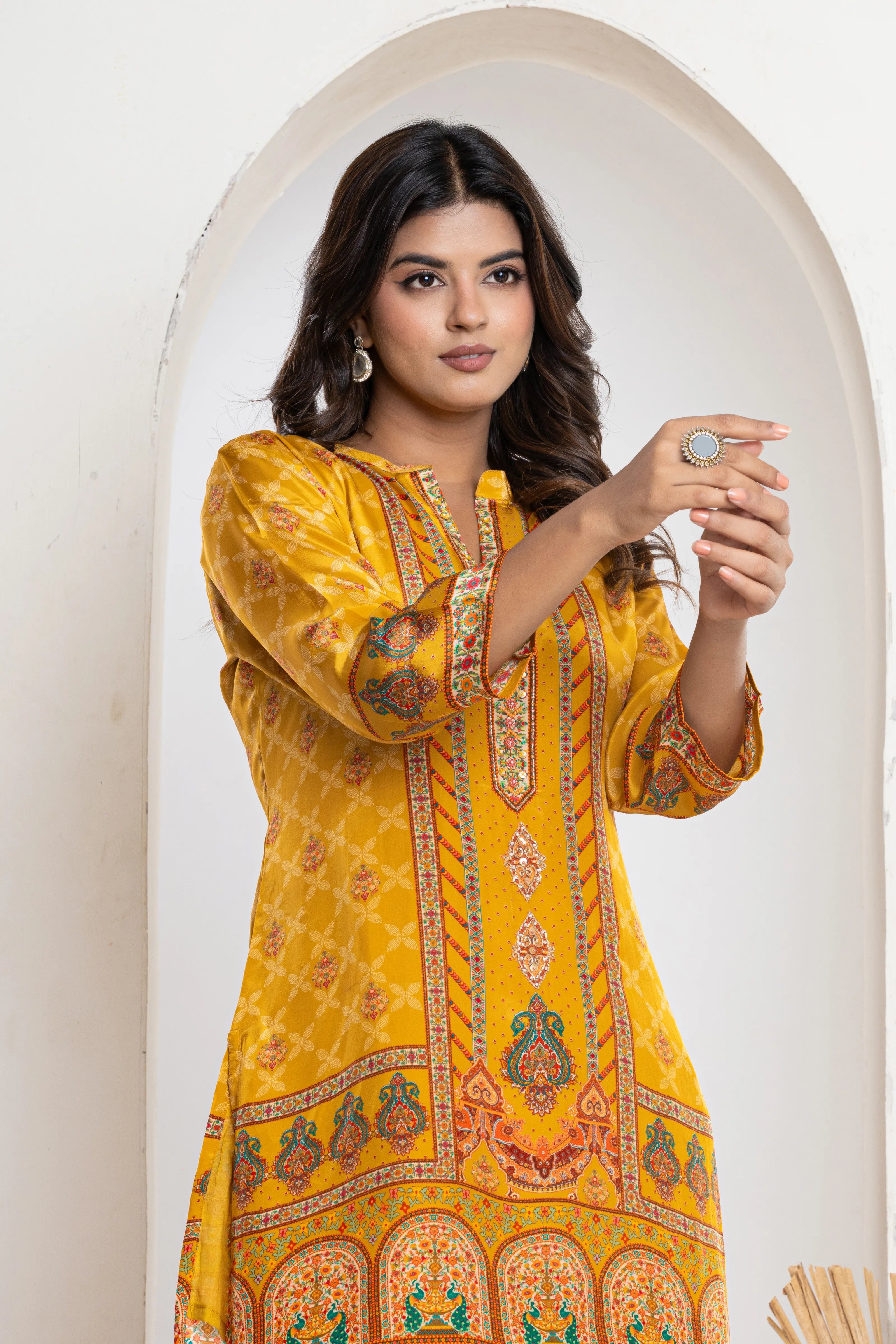 Mustard Dome & Peacock Print Crepe Kurti Set