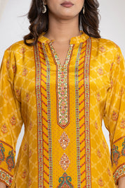 Mustard Dome & Peacock Print Crepe Kurti Set