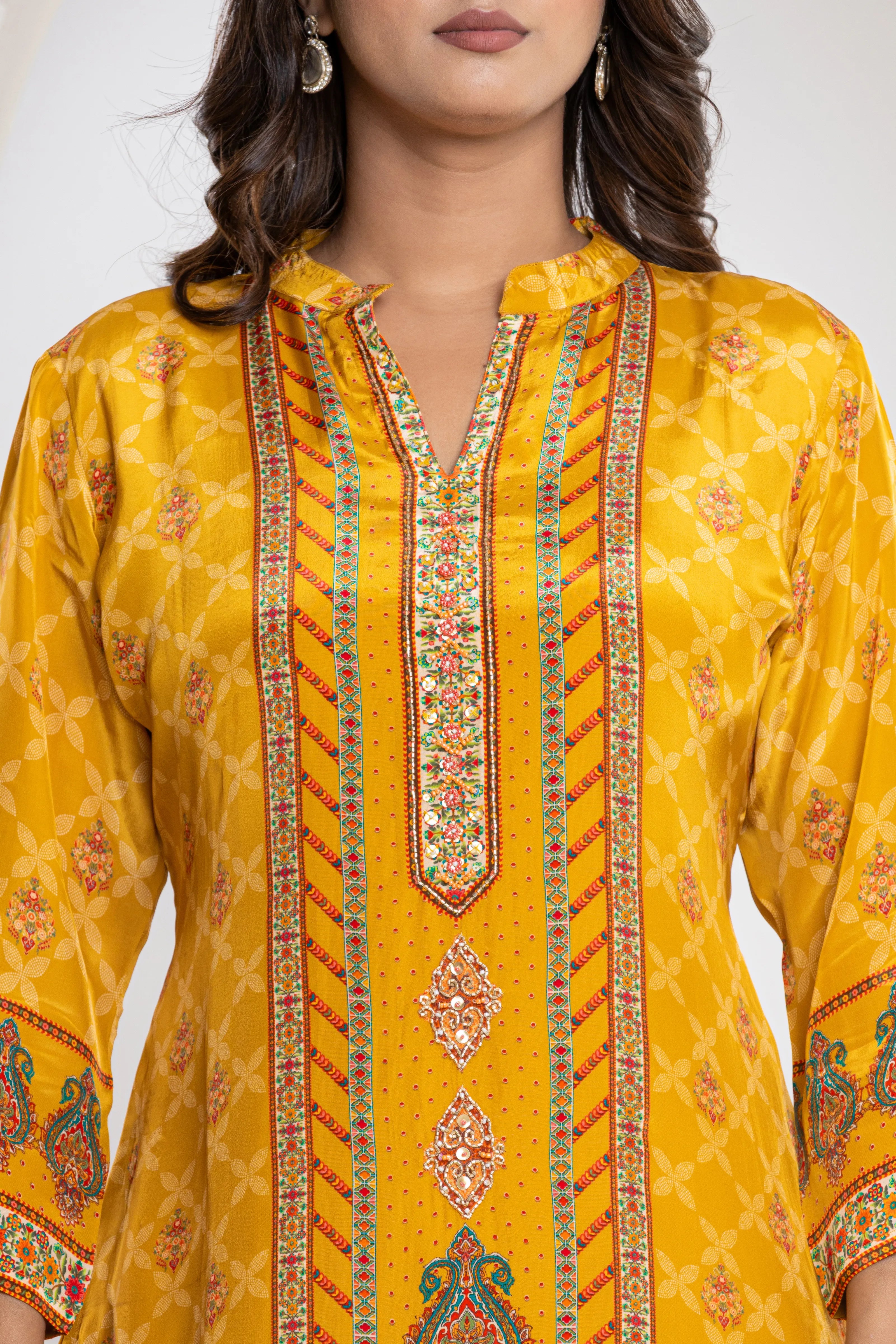 Mustard Dome & Peacock Print Crepe Kurti Set
