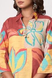 Rust Base Multicolor Abstract Floral Co-ord Set with Shell Tassels