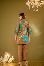 Brown Base Multicolor Abstract Floral Co-ord Set in Crepe
