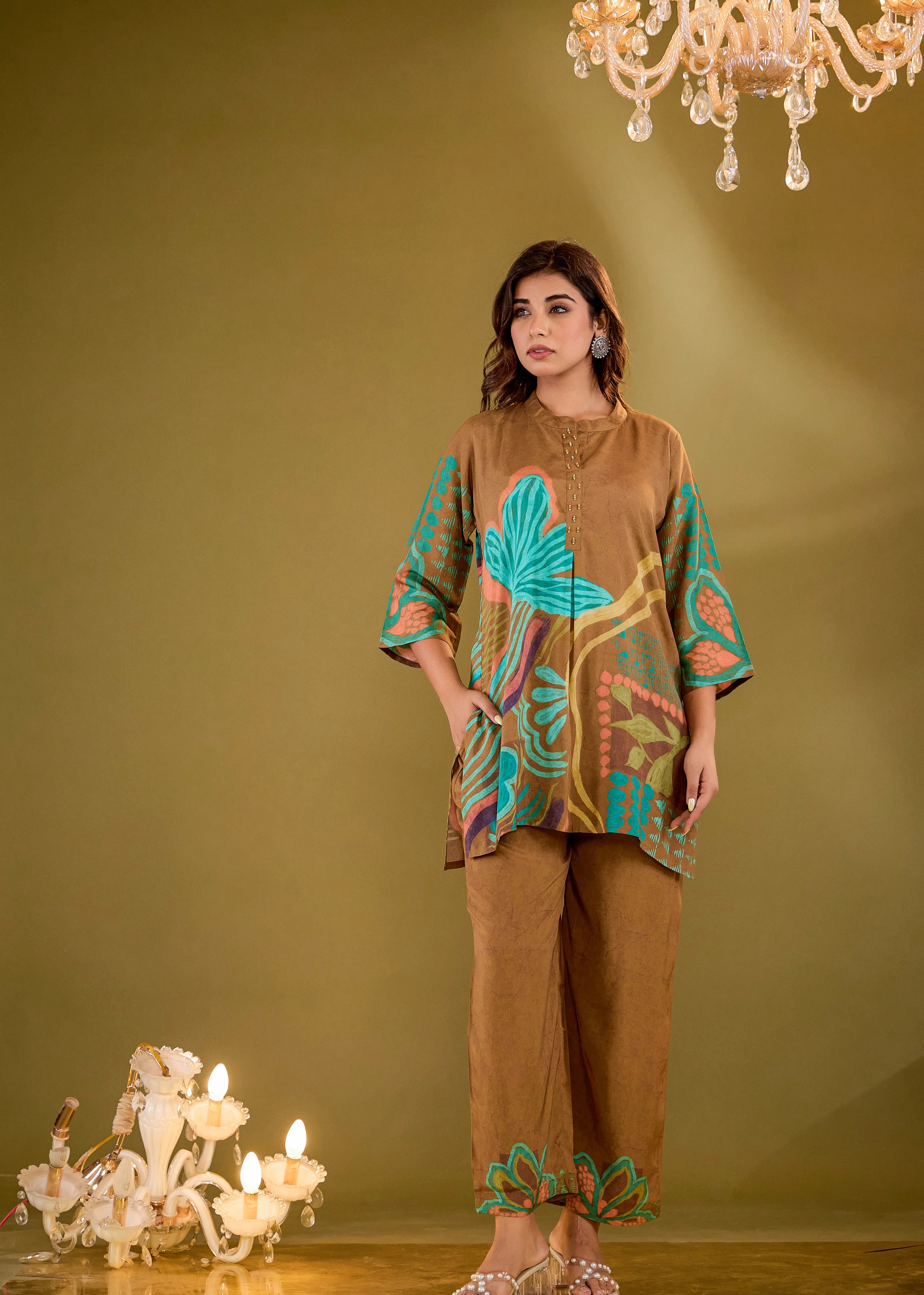 Brown Base Multicolor Abstract Floral Co-ord Set in Crepe