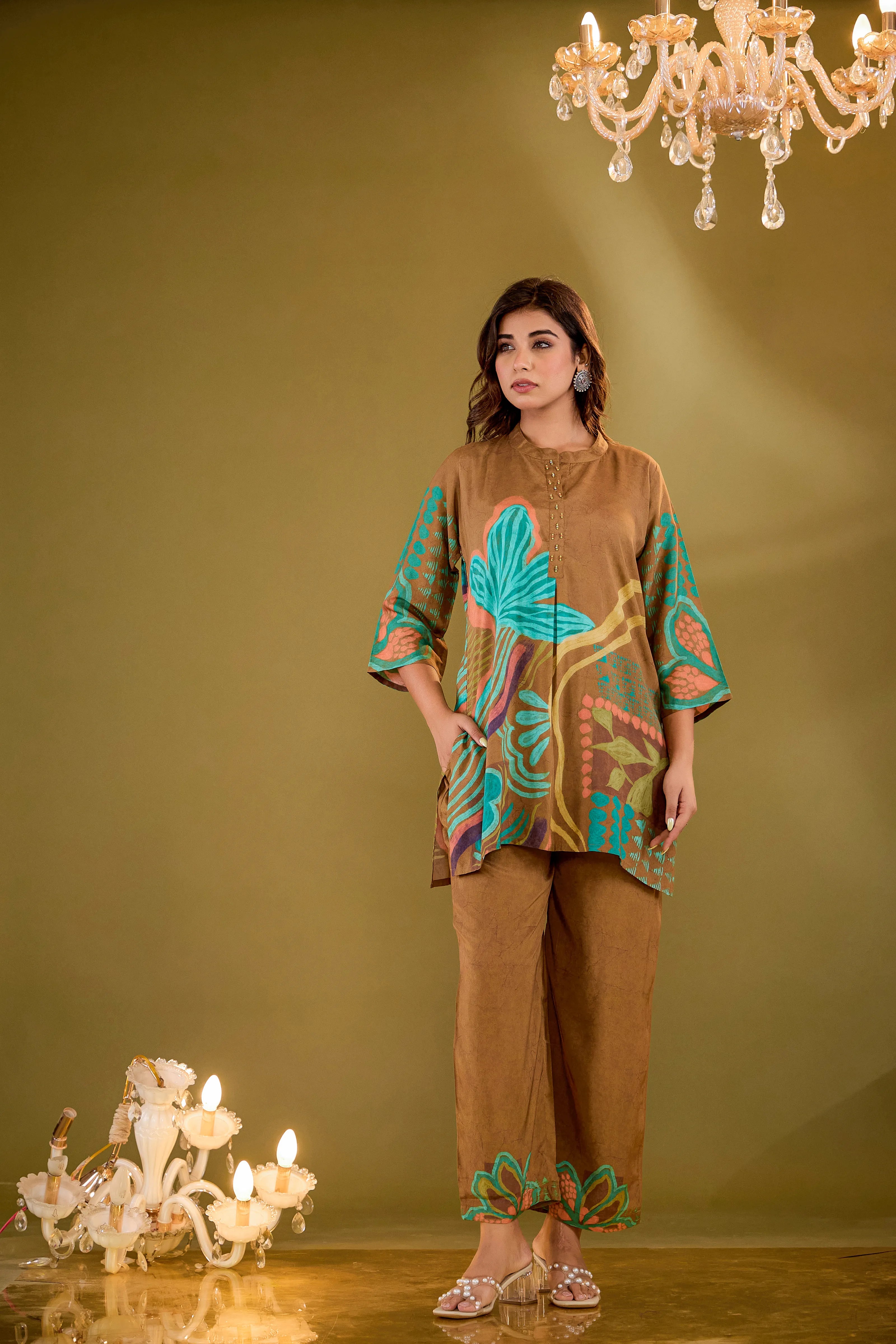 Brown Base Multicolor Abstract Floral Co-ord Set in Crepe