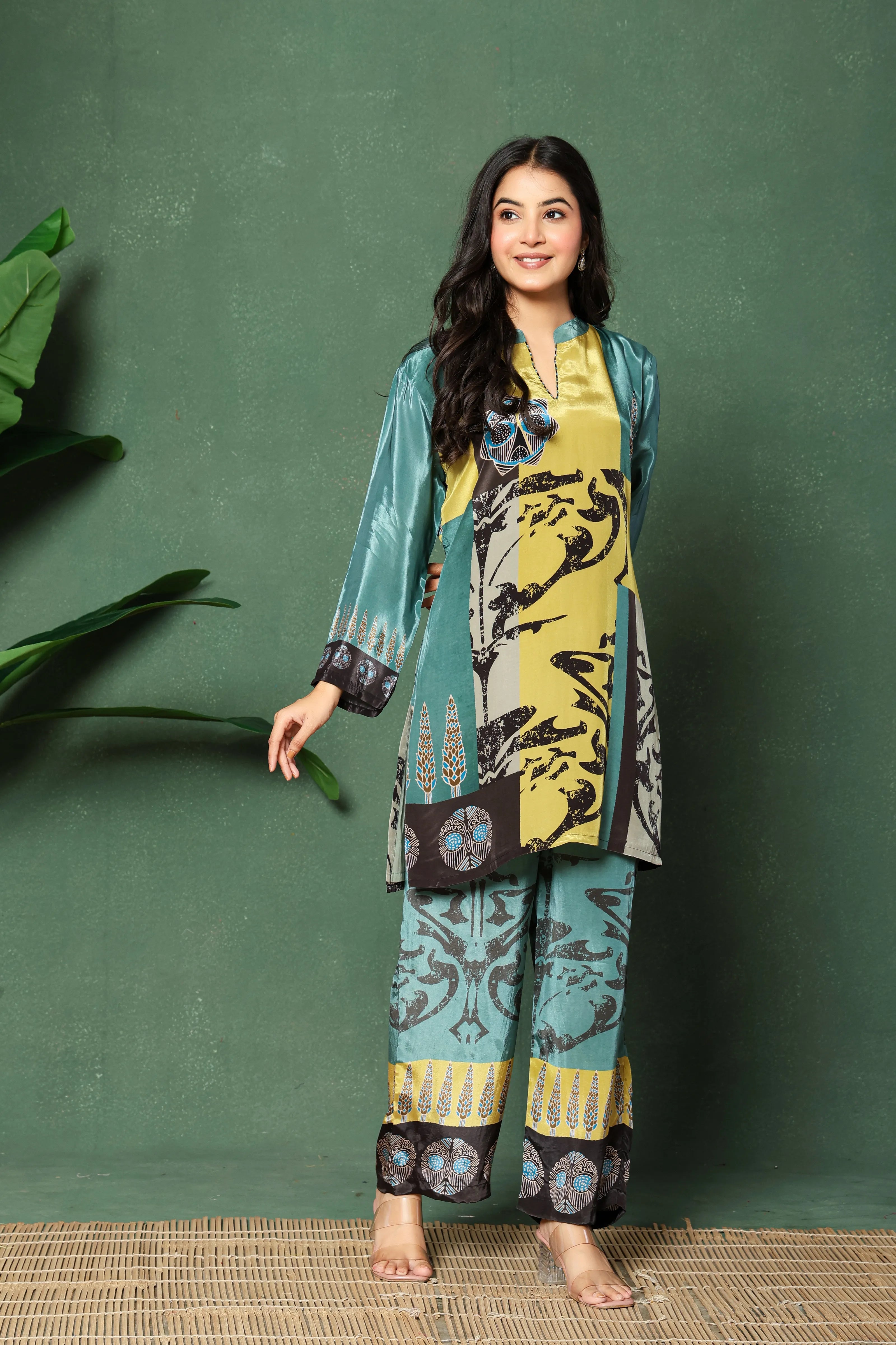 Lime & Sage Abstract Print Crepe Co-ord Set