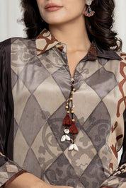 Brown & Grey Earth-Toned Cowrie Detail Co-ord Set