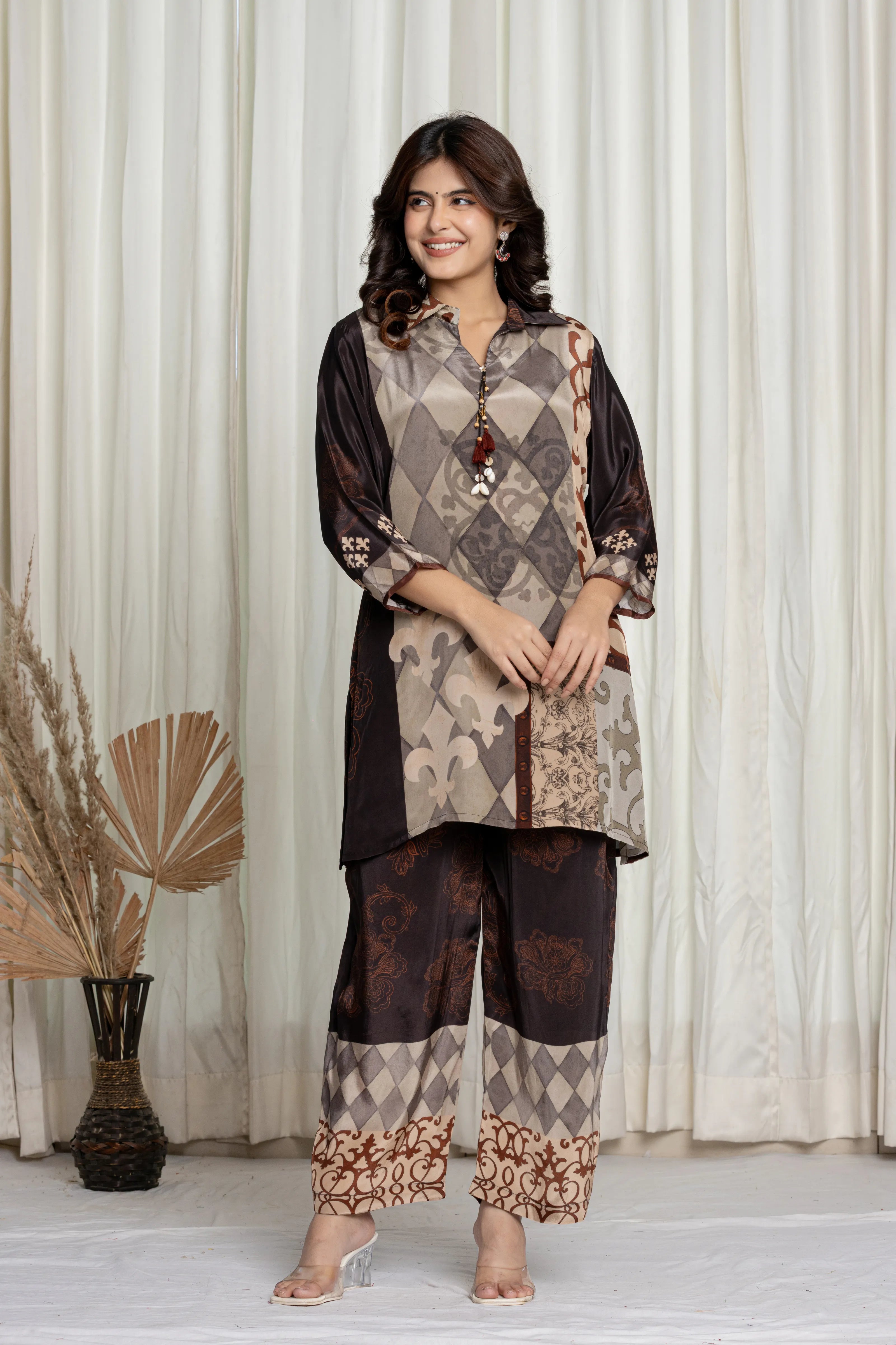 Brown & Grey Earth-Toned Cowrie Detail Co-ord Set