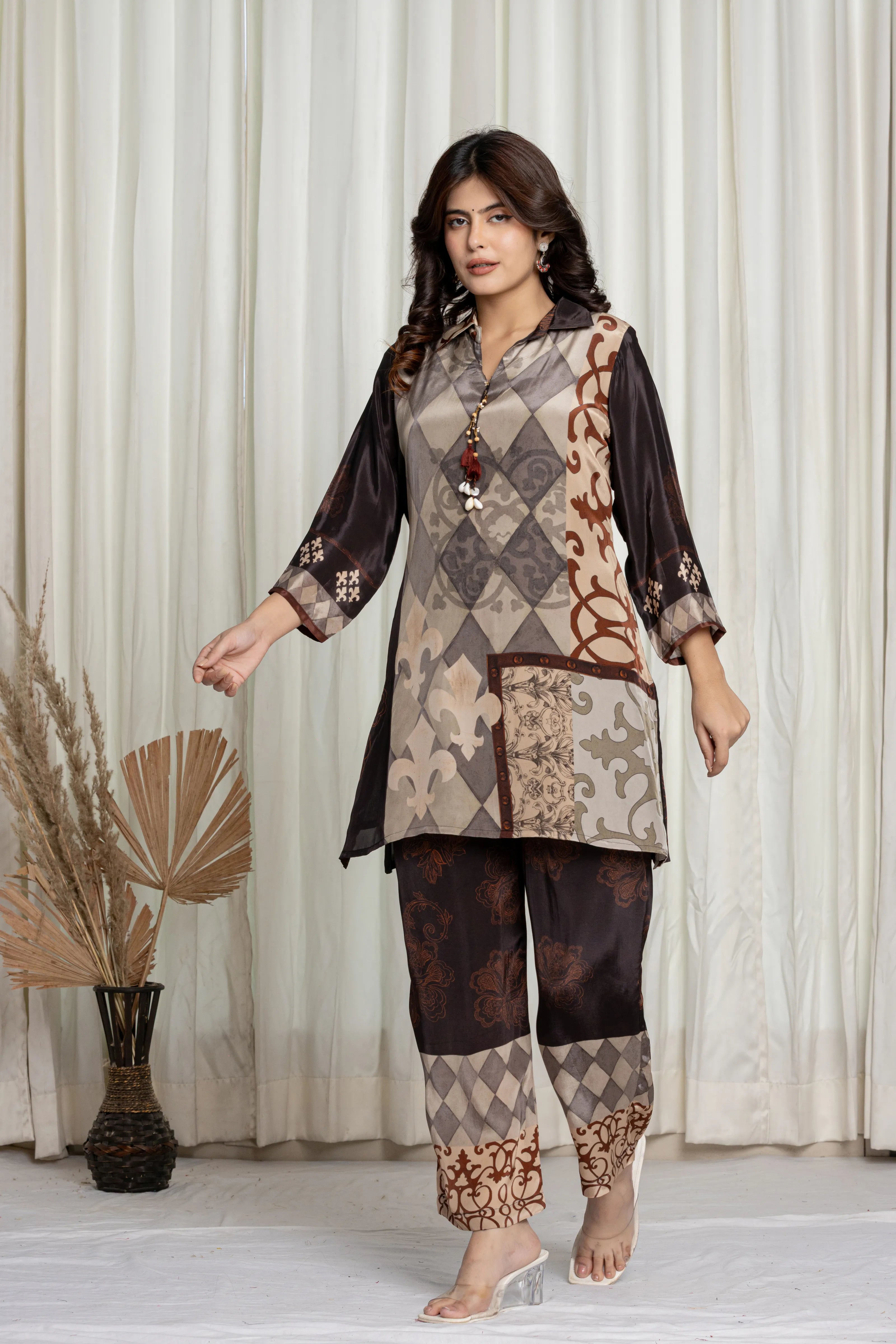 Brown & Grey Earth-Toned Cowrie Detail Co-ord Set