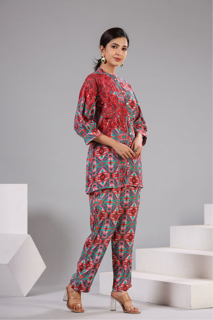 Red Color Embroidered Muslin co-ord set