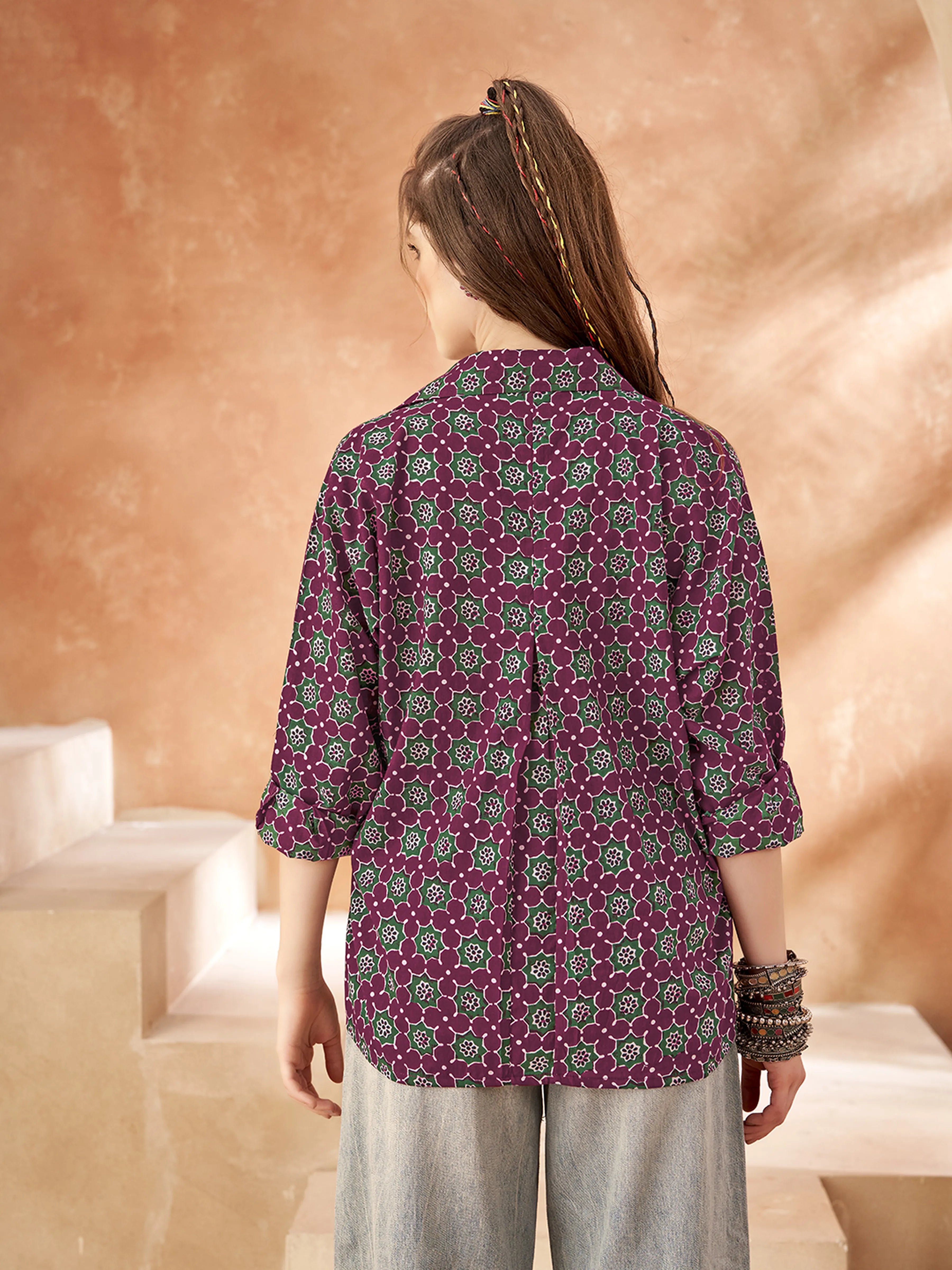 Purple Base & Green Geometric Cotton Oversized Shirt