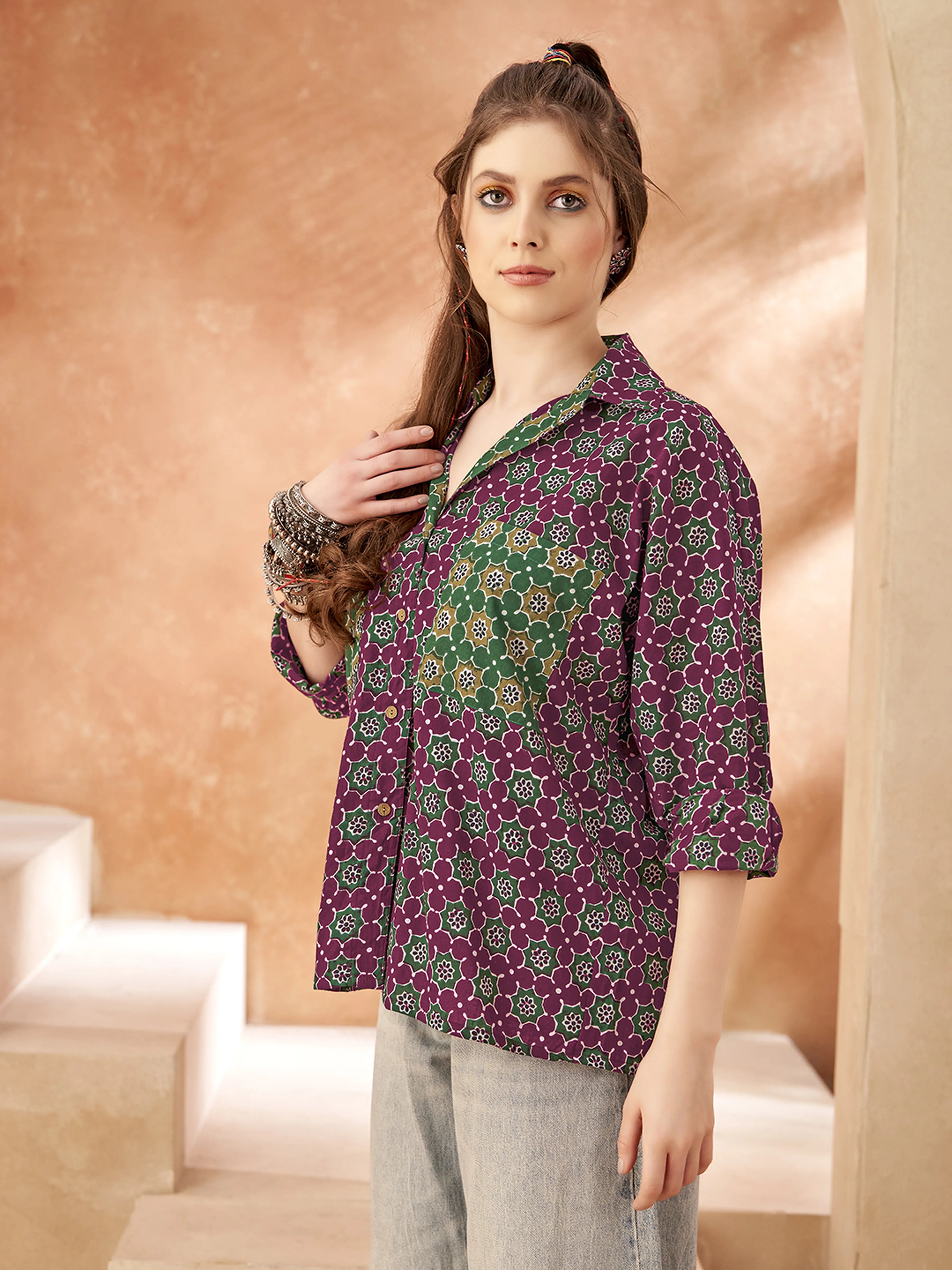 Purple Base & Green Geometric Cotton Oversized Shirt