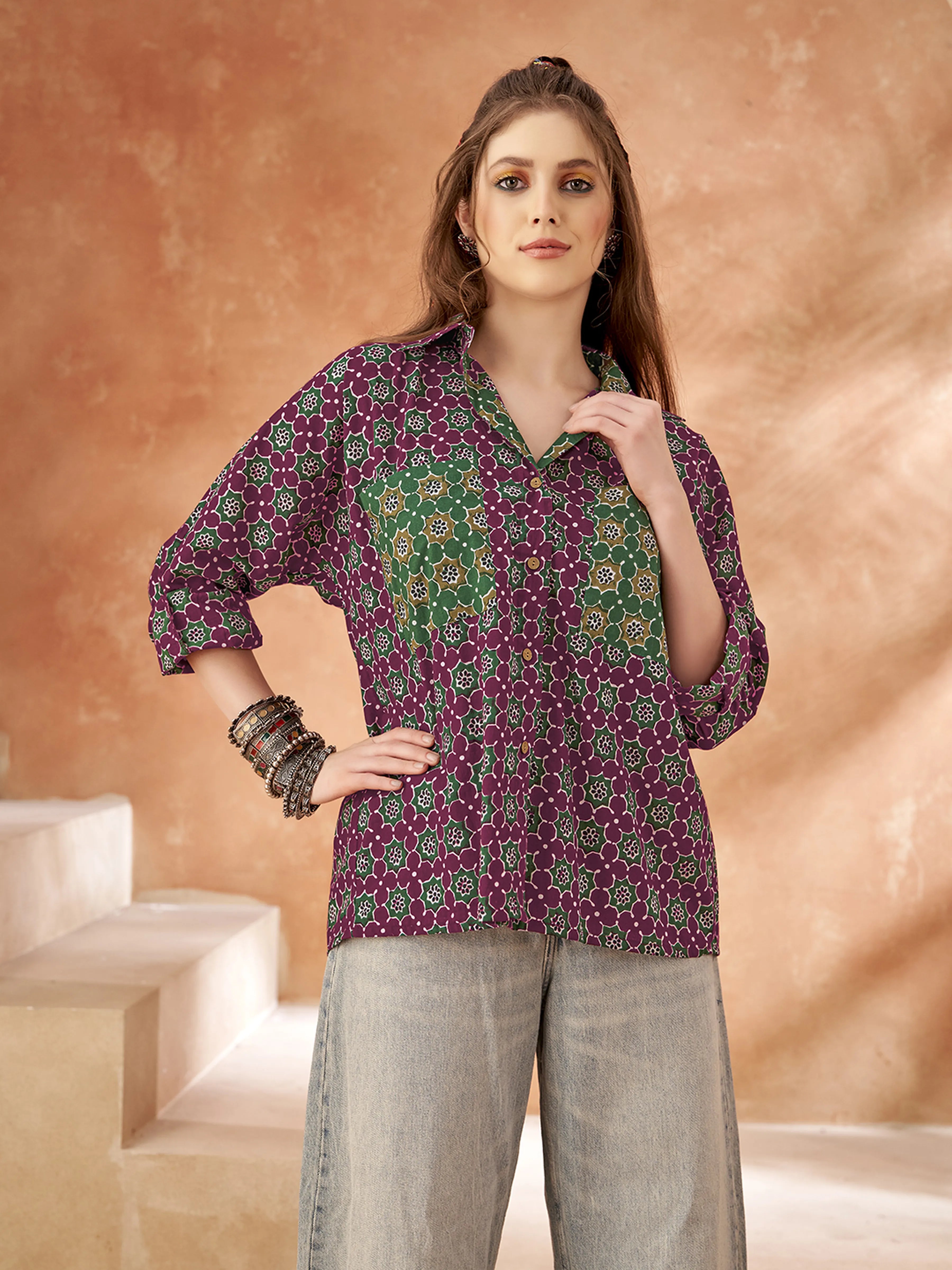 Purple Base & Green Geometric Cotton Oversized Shirt