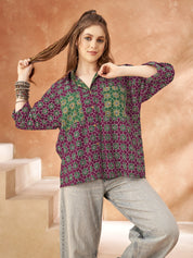 Purple Base & Green Geometric Cotton Oversized Shirt