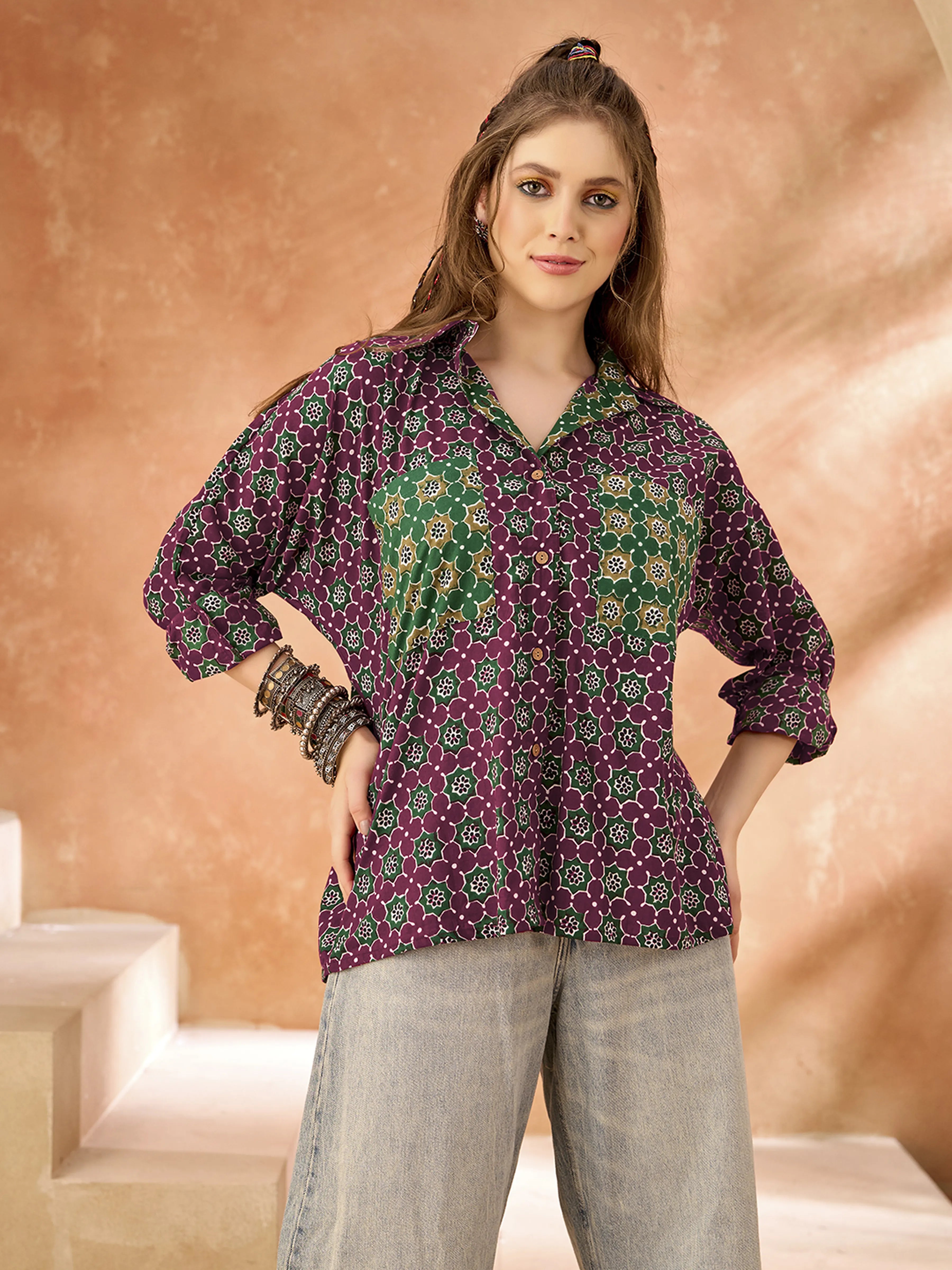 Purple Base & Green Geometric Cotton Oversized Shirt