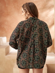 Black Geometric Block-Printed Cotton Oversized Shirt