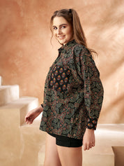 Black Geometric Block-Printed Cotton Oversized Shirt