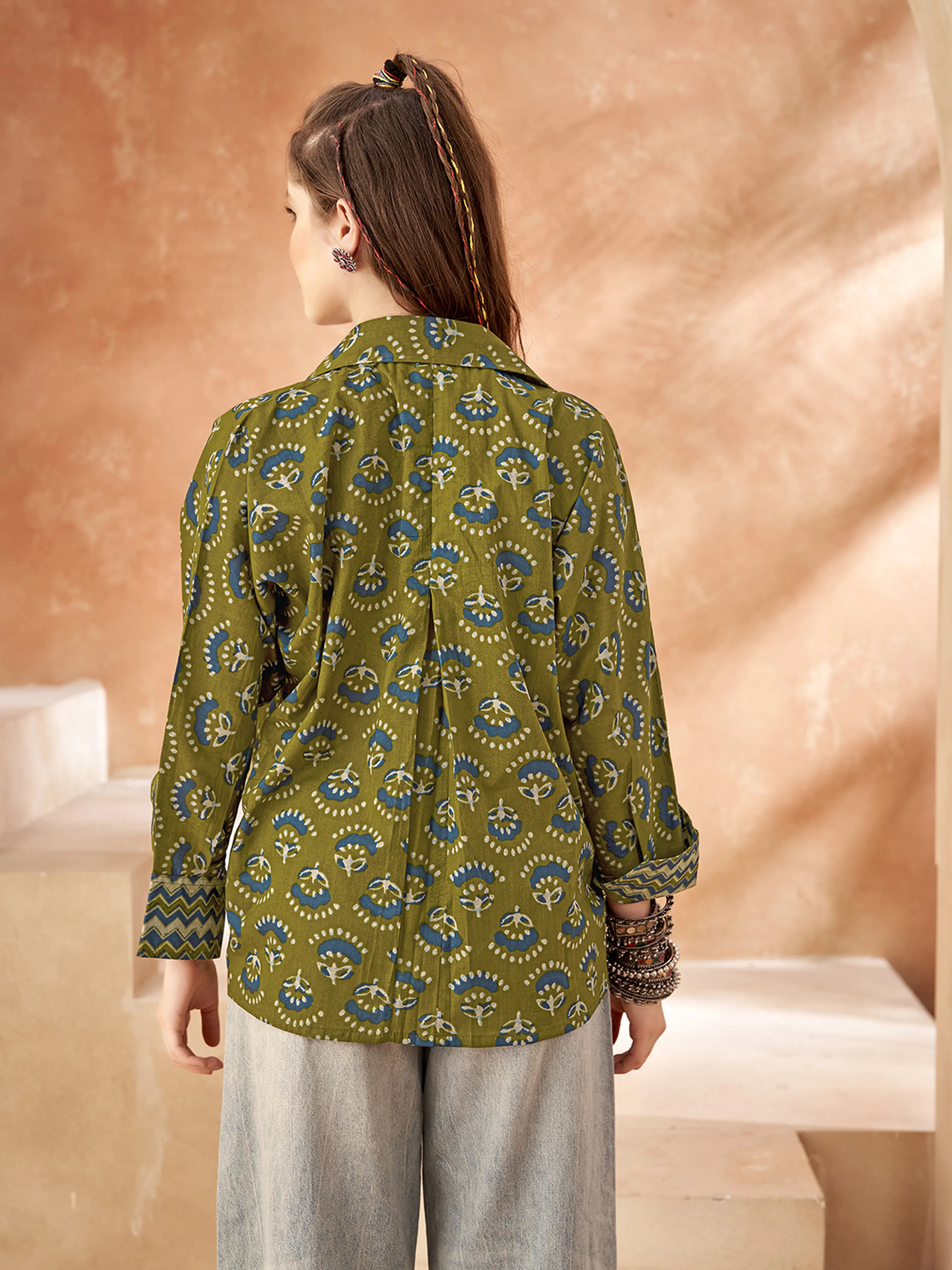 Olive Green Base & Blue Floral Block Printed Cotton Oversized Shirt