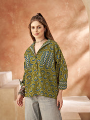 Olive Green Base & Blue Floral Block Printed Cotton Oversized Shirt