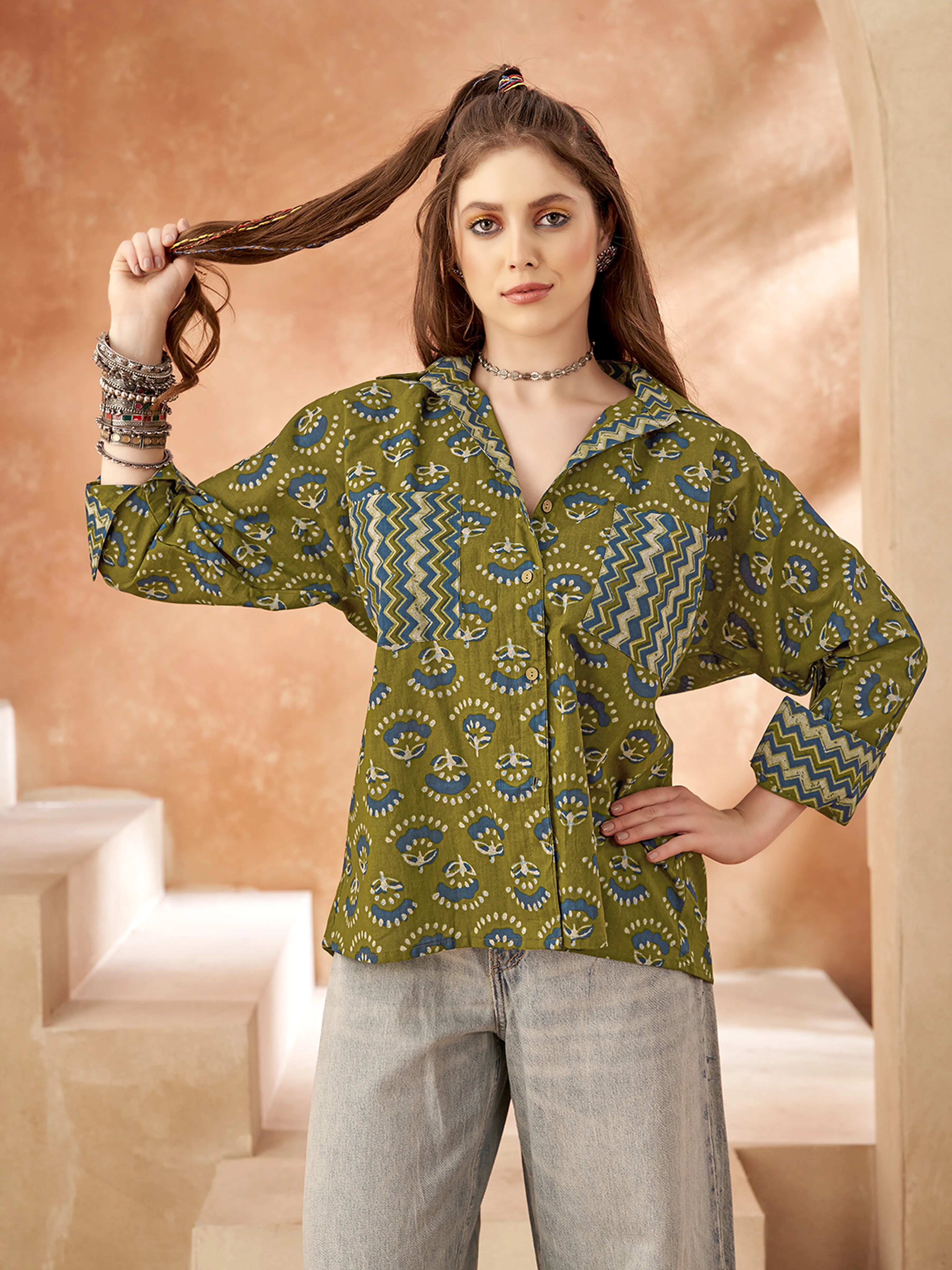 Olive Green Base & Blue Floral Block Printed Cotton Oversized Shirt