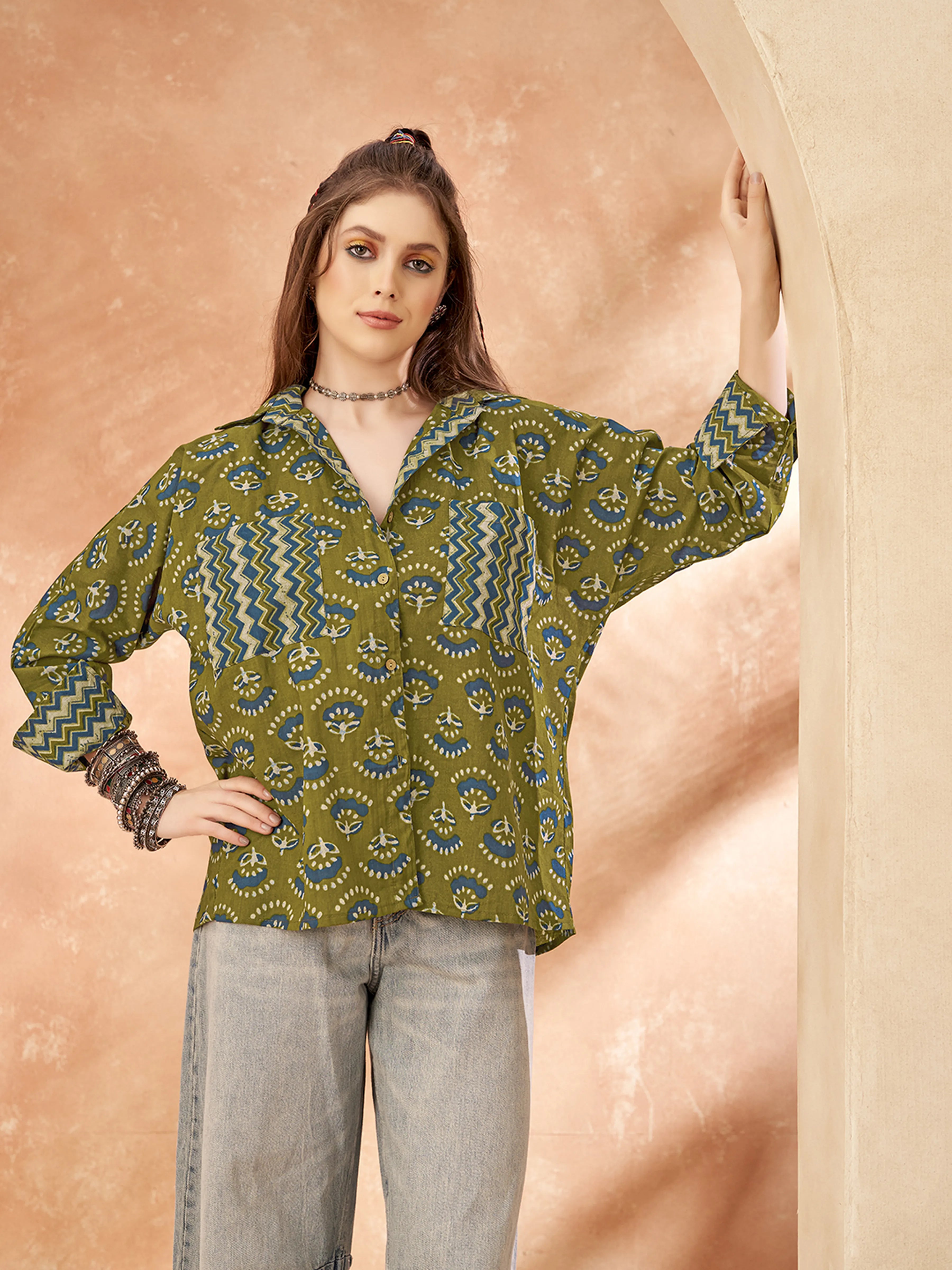 Olive Green Base & Blue Floral Block Printed Cotton Oversized Shirt