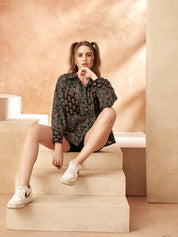 Black Geometric Block-Printed Cotton Oversized Shirt
