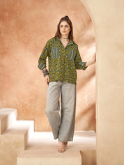 Olive Green Base & Blue Floral Block Printed Cotton Oversized Shirt