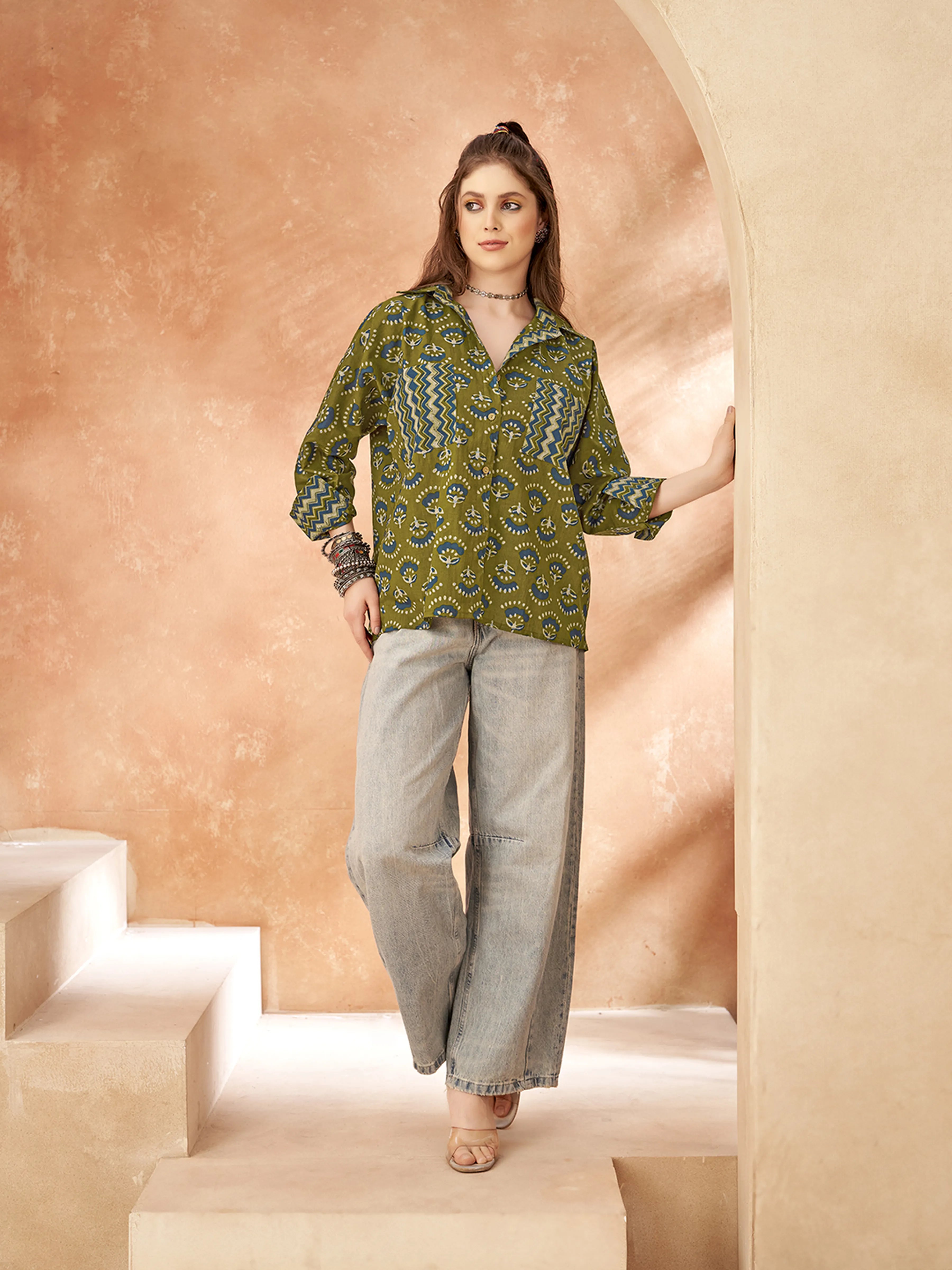 Olive Green Base & Blue Floral Block Printed Cotton Oversized Shirt
