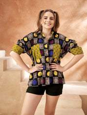 Black Base & Mustard Patch Printed Cotton Oversized Shirt