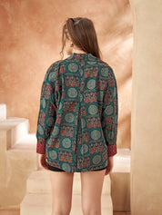 Dark Green Base & Red Patch Print Oversized Cotton Shirt