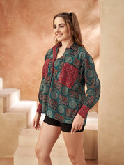 Dark Green Base & Red Patch Print Oversized Cotton Shirt