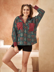 Dark Green Base & Red Patch Print Oversized Cotton Shirt