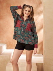 Dark Green Base & Red Patch Print Oversized Cotton Shirt