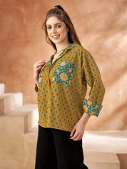 Mustard Booti & Teal Floral Cotton Shirt