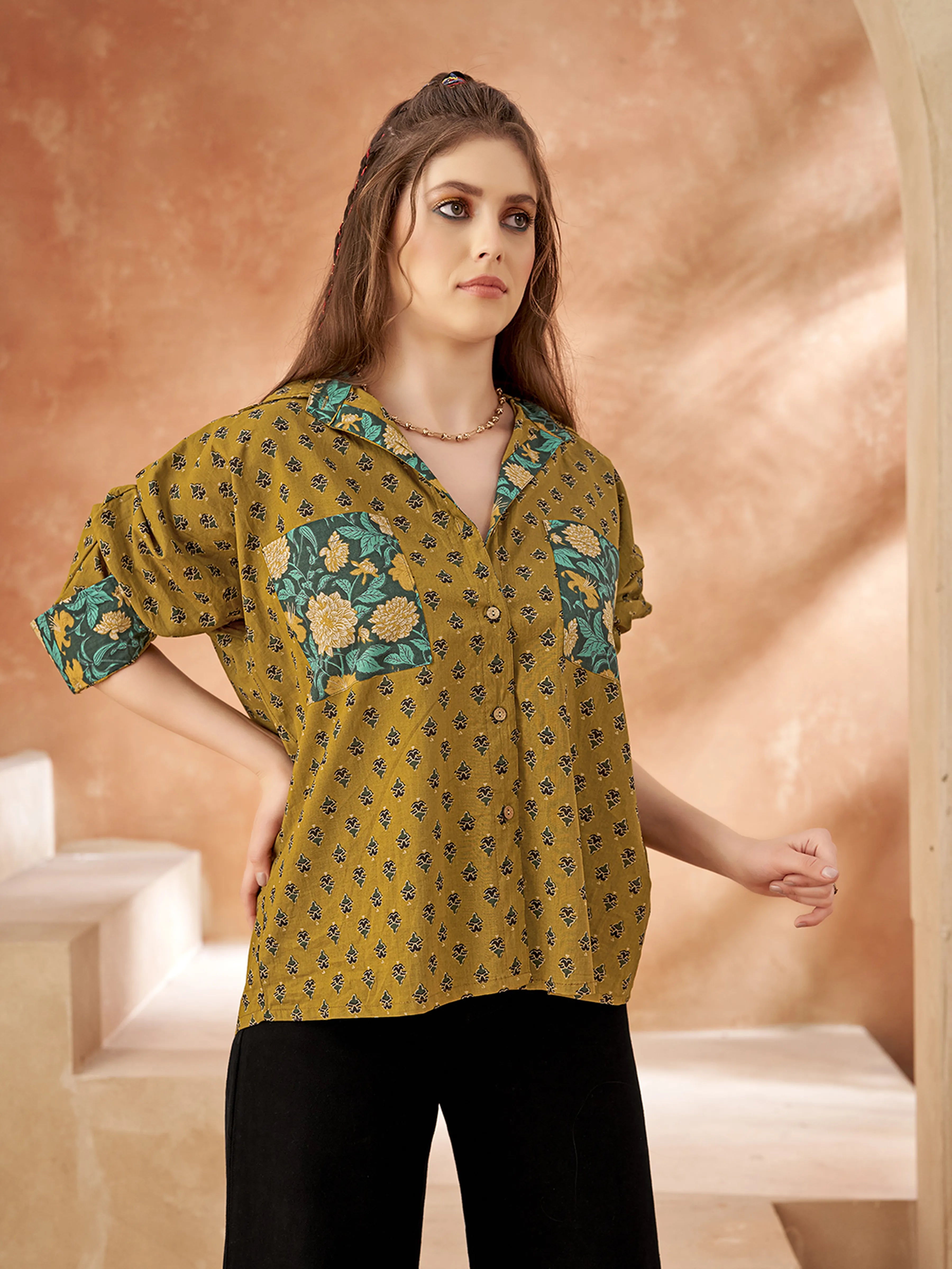 Mustard Booti & Teal Floral Cotton Shirt